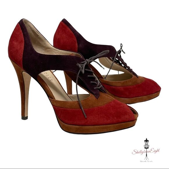 BARNEYS New York Suede Leather Colorblock Lace Up Peep Toe Heels Pumps 8.5 - Picture 8 of 16